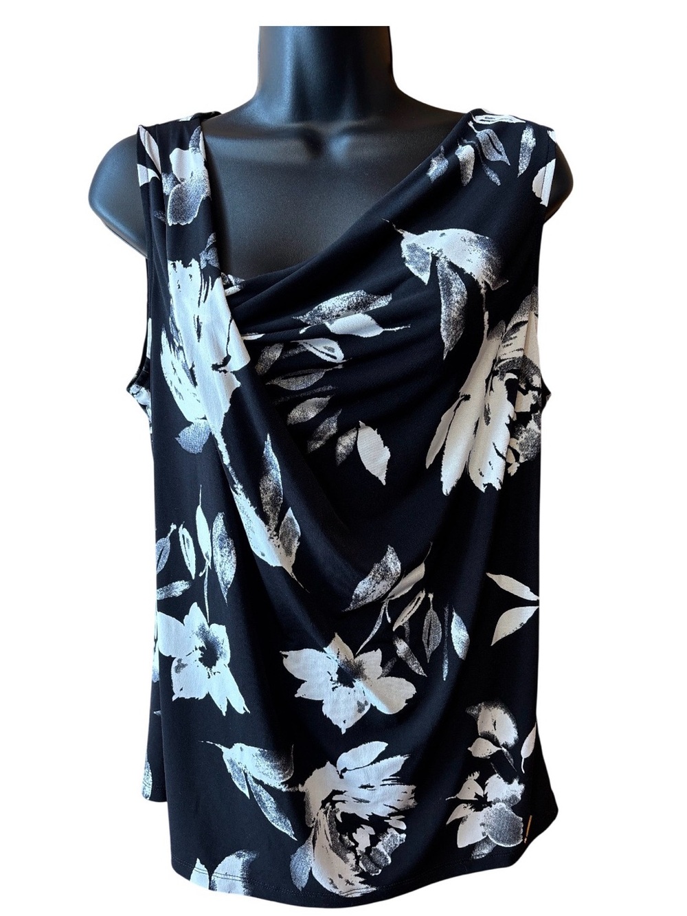 Ivanka Trump Black White Floral Cowl Tank Top